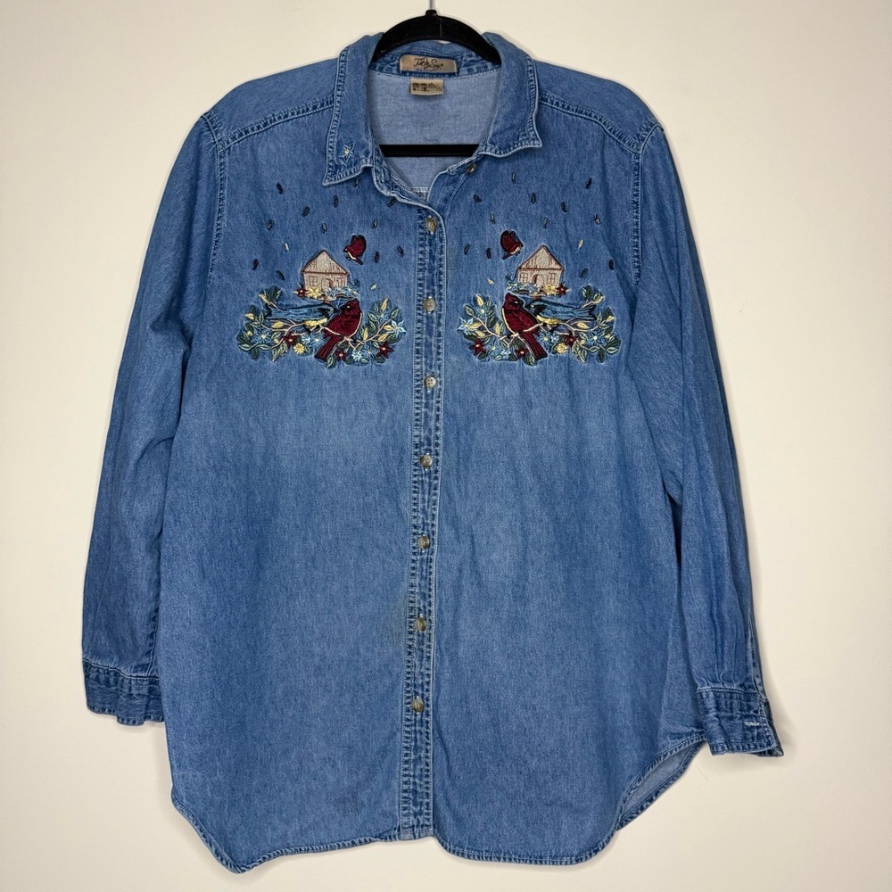 Embroidered Cardinals Birdhouse Geannycore  Buttondown Denim Shacket Shirt